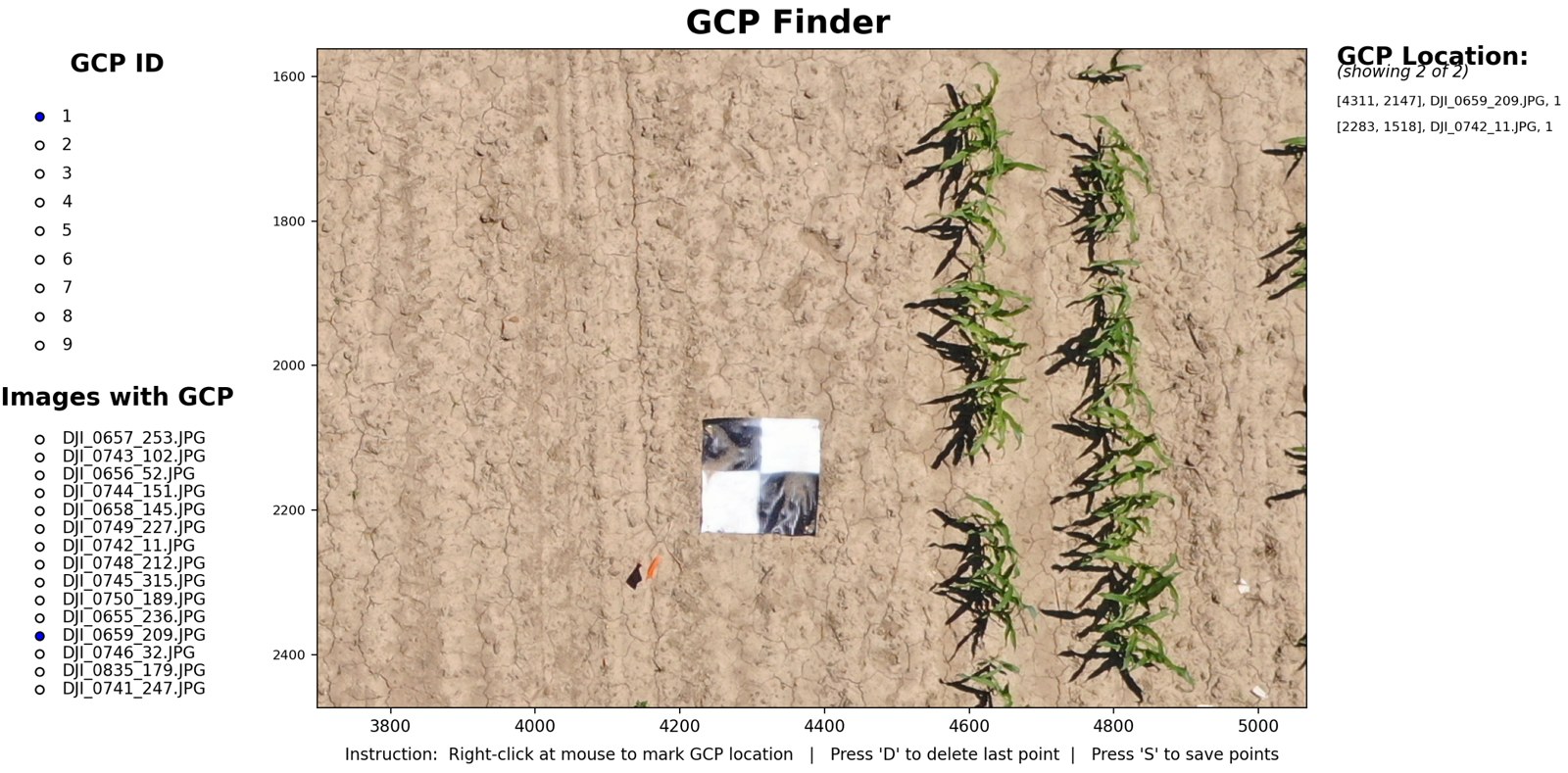 GCP Finder window with a checkerboard ground control point in a maize field image