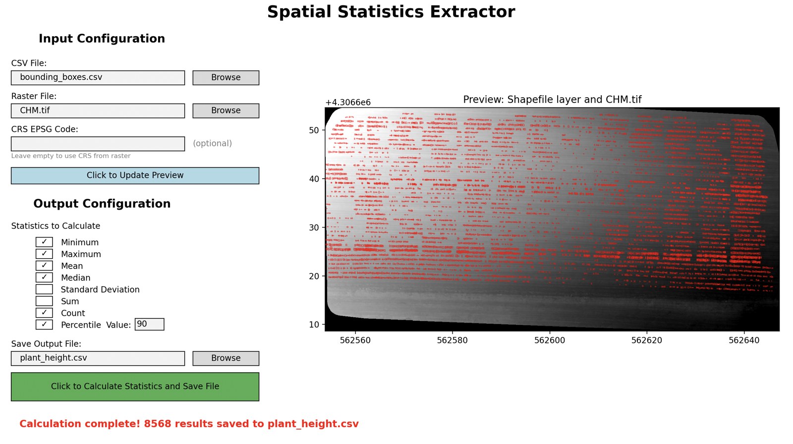 Spatial Statistics Extractor window with settings and a preview of detected plant boxes over a canopy height model